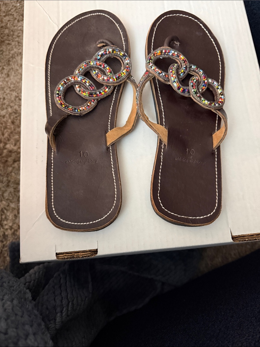 Beaded Brown Leather Thong Sandals - Size 10